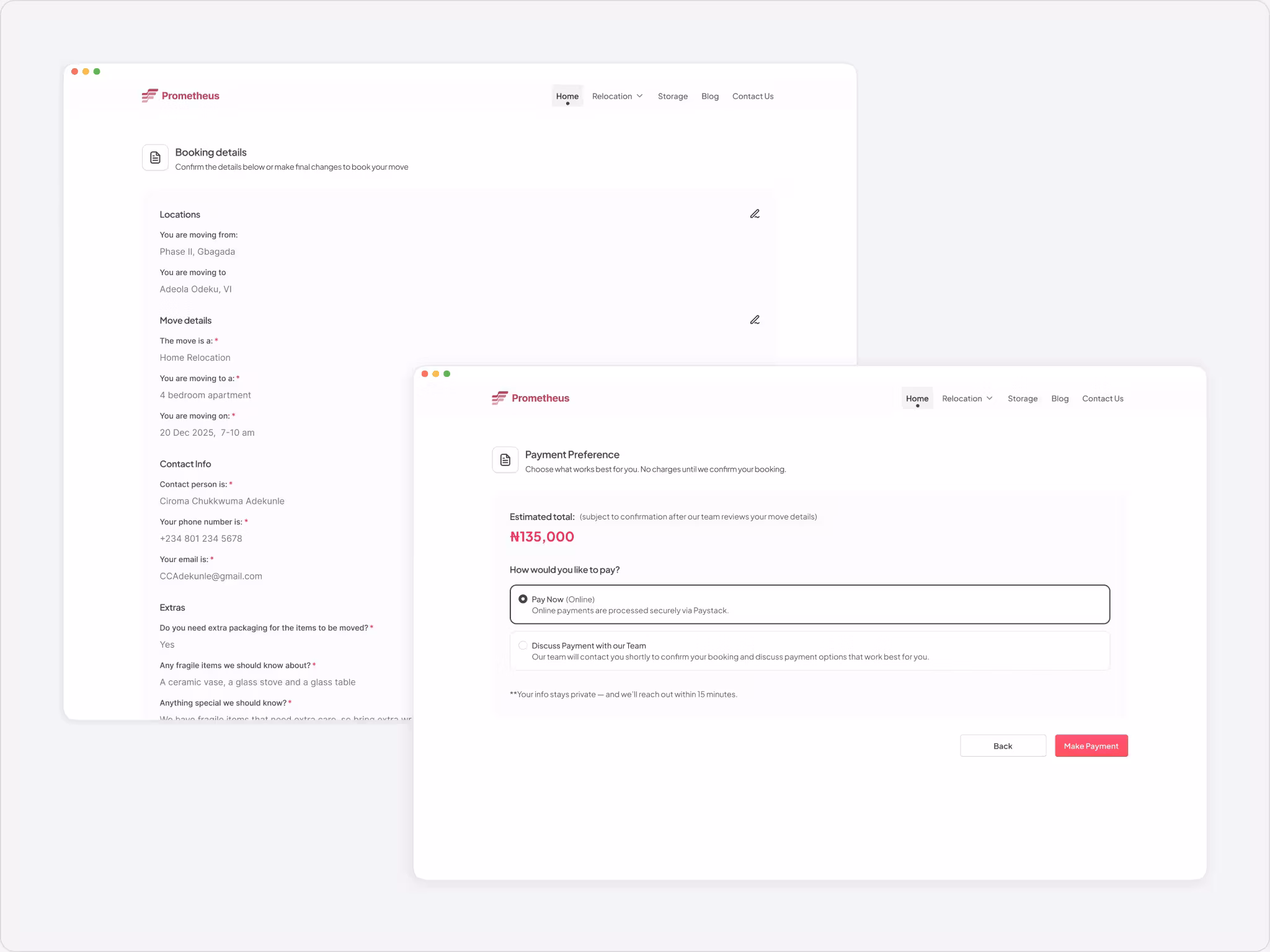 Prometheus booking page mockup image showing itemized quote and booking details