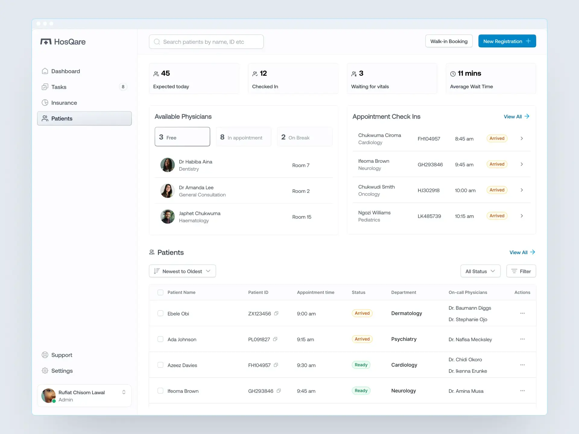 Hosqare admin dashboard mockup showing patient queue management system