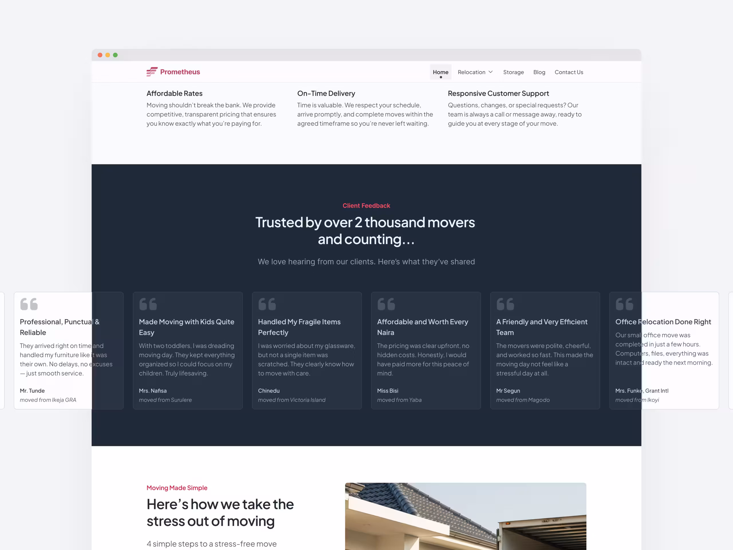 Prometheus homepage testimonial section redesign mockup showing improved structure and clarity