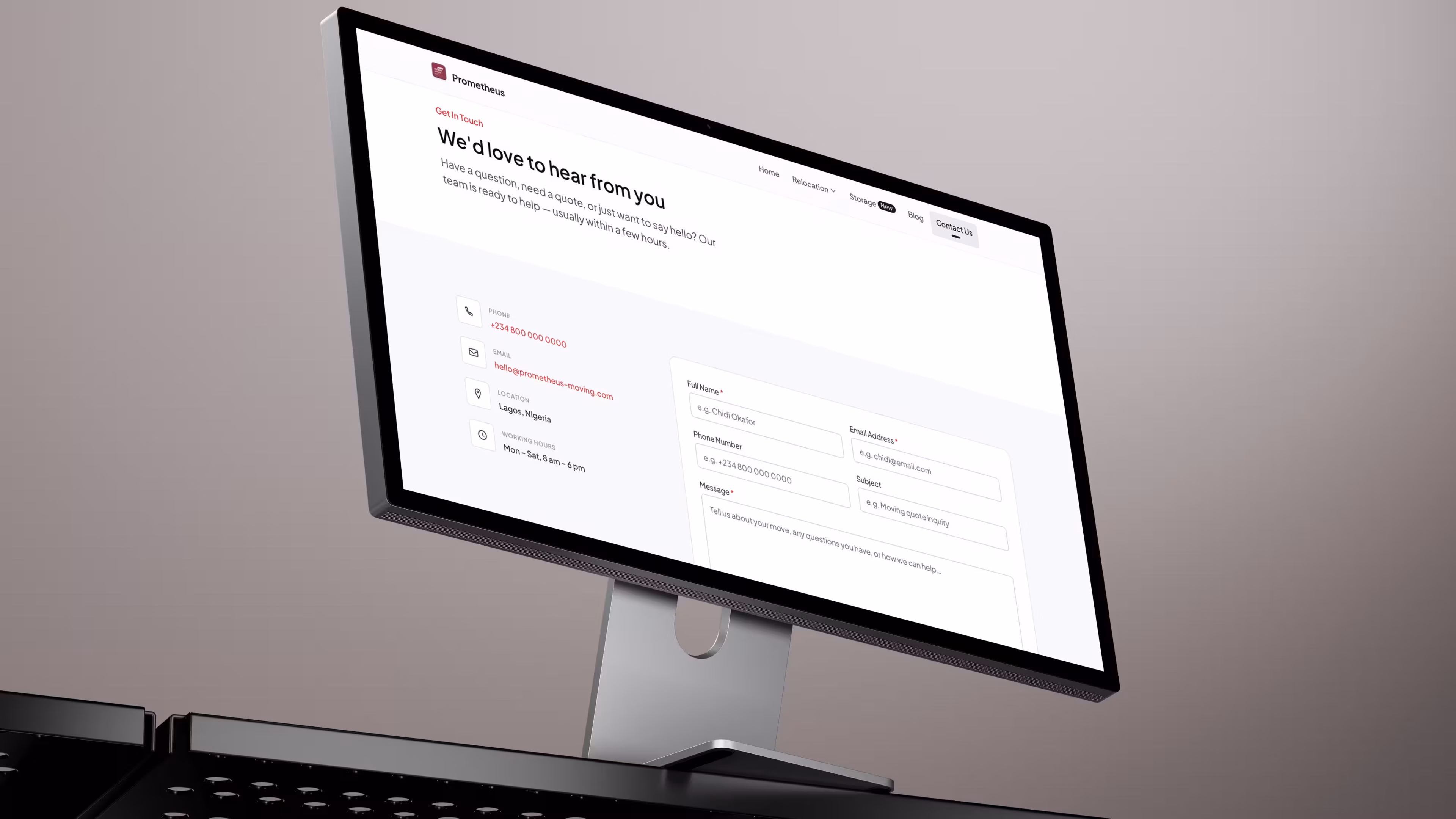 Prometheus contact page redesign mockup showing clear contact options