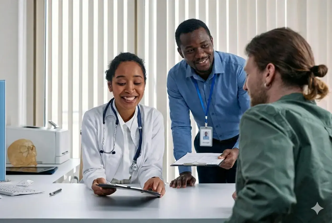 Hosqare user research photos showing patients, doctors and admin staff